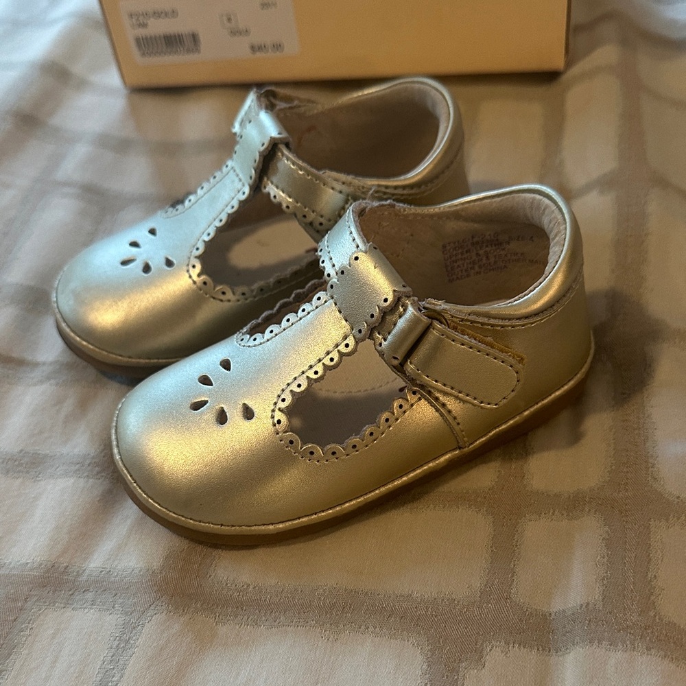 Elegant Gold T-Bar Kids Dress Shoes